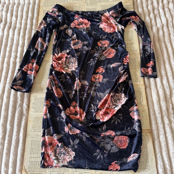Pinkblush Dresses & Skirts - Pinkblush Navy Velvet Maternity Long Sleeve Floral Bodycon Dress with Pink Roses